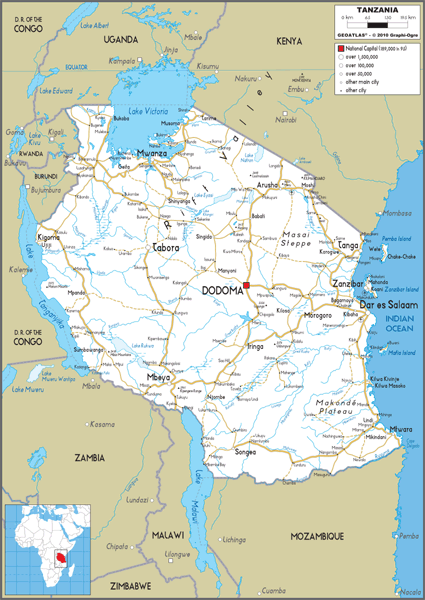 Tanzania Road Wall Map