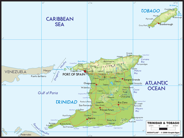 Trinidad Physical Wall Map