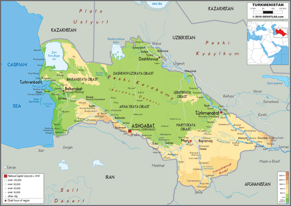 Turkmenistan Physical Wall Map