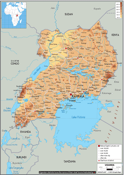 Uganda Physical Wall Map