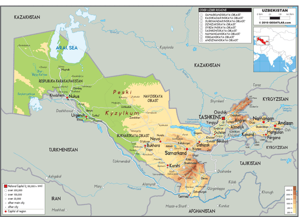 Uzbekistan Physical Wall Map