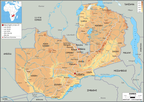 Zambia Physical Wall Map