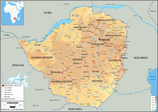 Zimbabwe Physical Wall Map