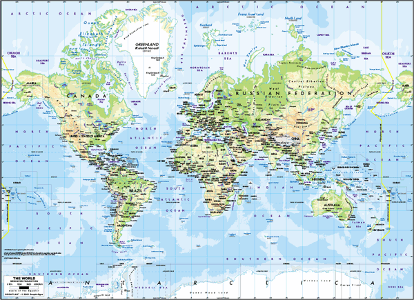 Europe-Centered World Physical Wall Map - Mercator