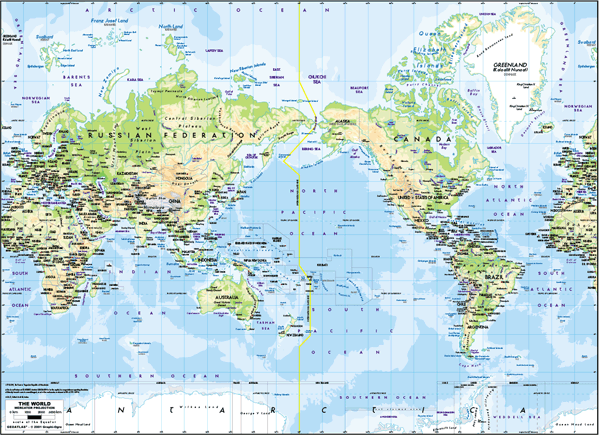 Pacific-Centered World Physical Wall Map - Mercator