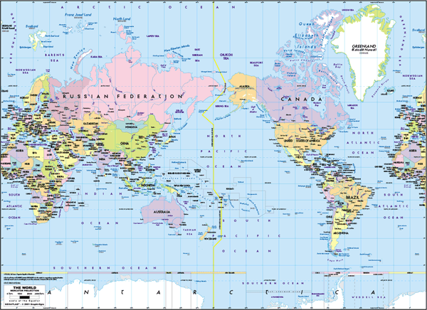 Pacific-Centered World Political Wall Map - Mercator