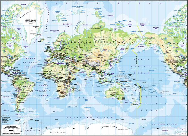 Asia-Centered World Physical Wall Map - Mercator