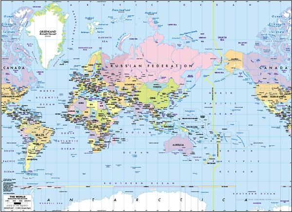 Asia-Centered World Political Wall Map - Mercator