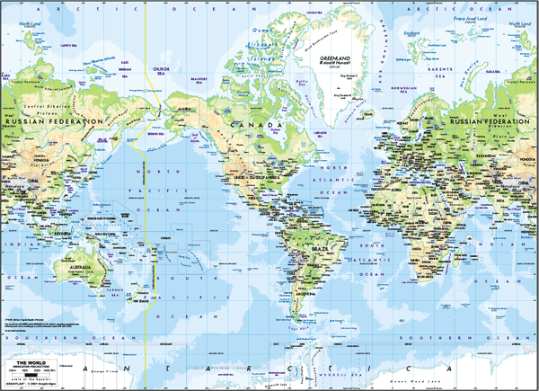 Americas-Centered World Physical Wall Map - Mercator