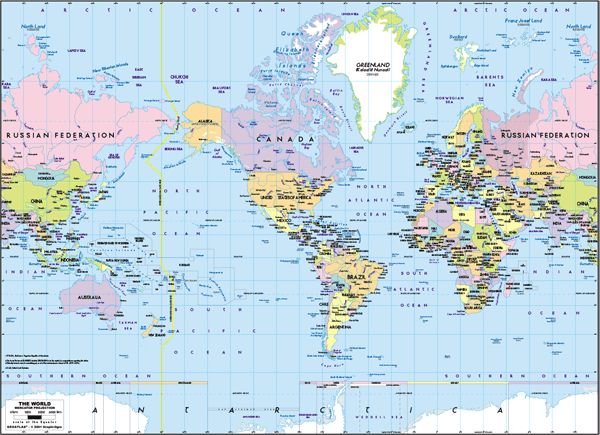 Americas-Centered World Political Wall Map - Mercator