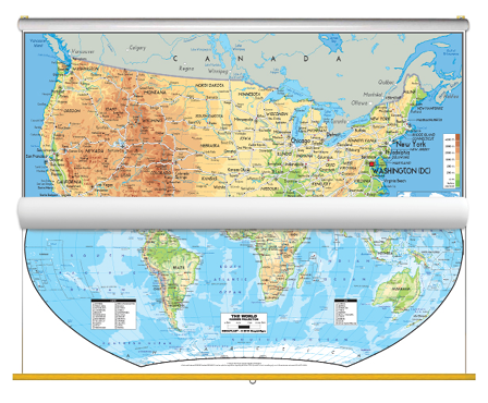 Physical USA and World Map Classroom Pull Down 2 Map Bundle