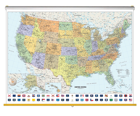Classic USA Wall Map with Flags Classroom Pull Down
