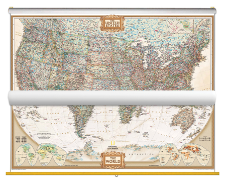 Antique Tones US and World Map Classroom Pull Down 2 Map Bundle