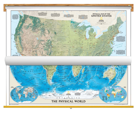 Physical US and World Map Classroom Pull Down 2 Map Bundle