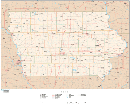 Iowa Wall Map with Roads