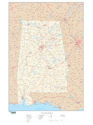 Alabama with Roads Wall Map