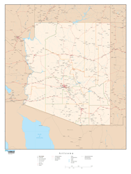 Arizona with Roads Wall Map