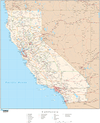California with Roads Wall Map