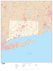 Connecticut with Roads Wall Map