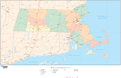 Massachusetts with Counties Wall Map