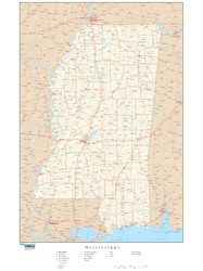 Mississippi with Roads Wall Map