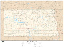 North Dakota with Roads Wall Map