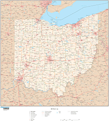 Ohio with Roads Wall Map