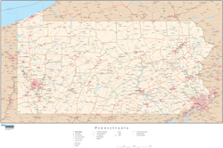 Pennsylvania with Roads Wall Map