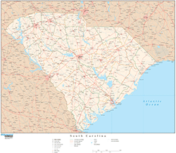South Carolina with Roads Wall Map