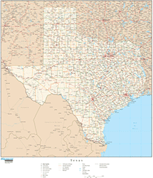 Texas with Roads Wall Map