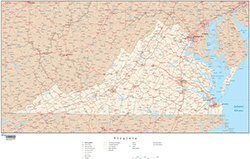 Virginia with Roads Wall Map