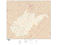 West Virginia with Roads Wall Map