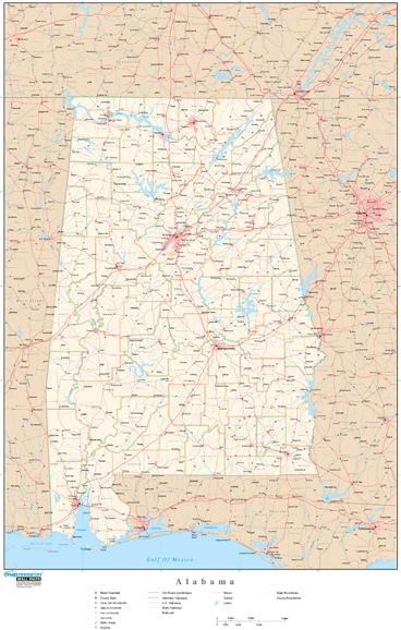Alabama Wall Map with Roads