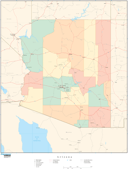 Arizona Wall Map with Counties