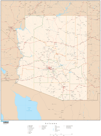 Arizona Wall Map with Roads