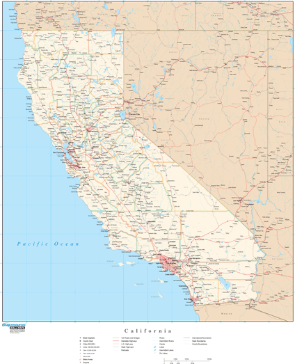 California Wall Map with Roads