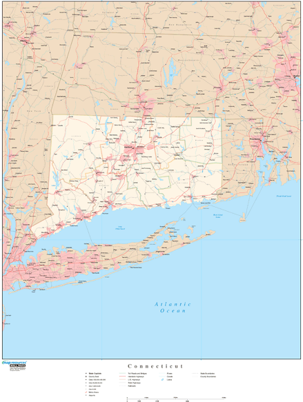 Connecticut Wall Map with Roads