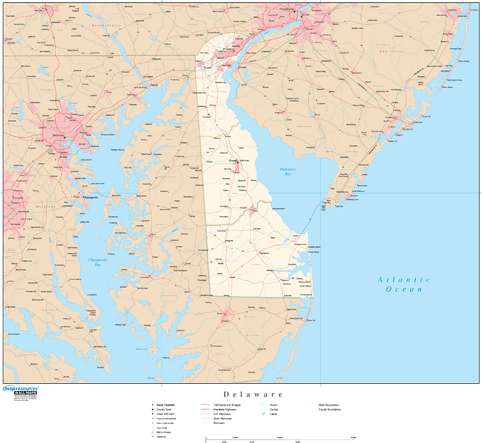 Delaware Wall Map with Roads