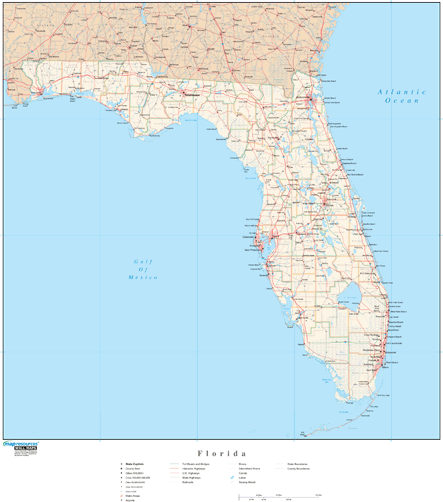 Florida Wall Map with Roads