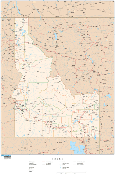 Idaho Wall Map with Roads