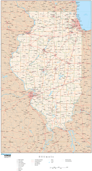 Illinois Wall Map with Roads