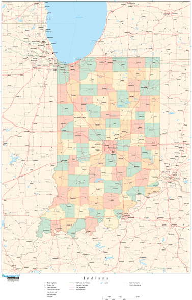 Indiana Wall Map with Counties