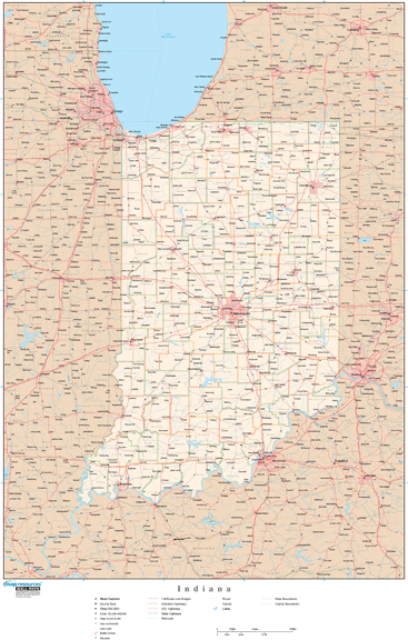 Indiana Wall Map with Roads