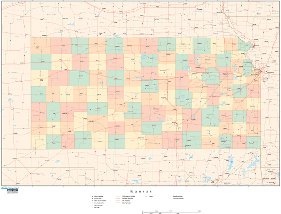 Kansas Wall Map with Counties