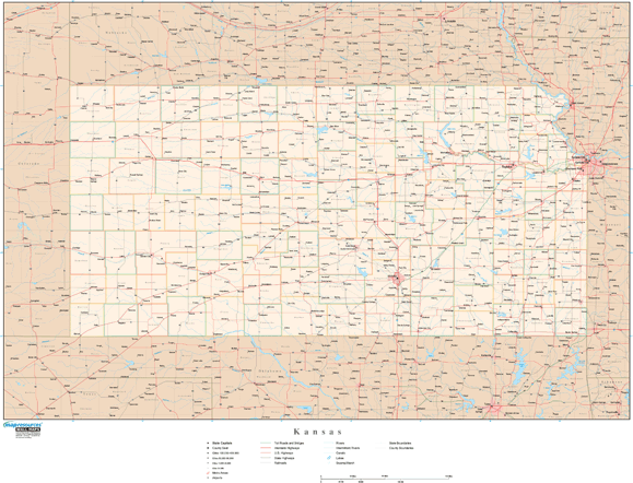 Kansas Wall Map with Roads