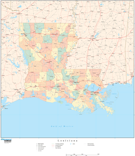 Louisiana Wall Map with Counties