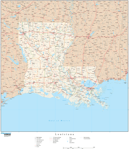 Louisiana Wall Map with Roads