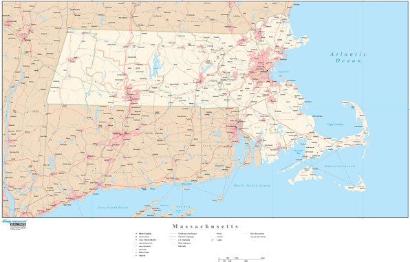 Massachusetts Wall Map with Roads