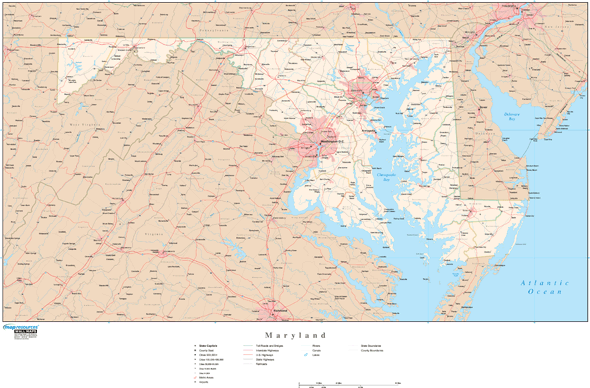 Maryland Wall Map with Roads