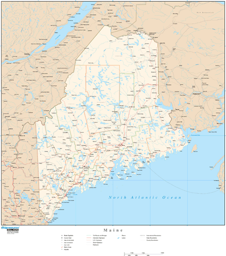 Maine Wall Map with Roads